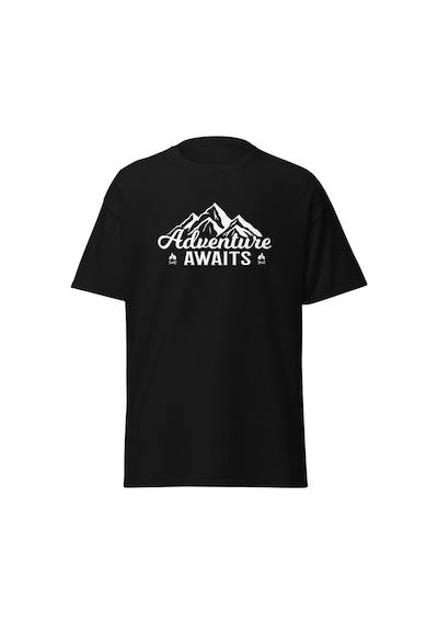 Wildstyle Adventure Awaits Dağ Macera Temalı Baskılı Unisex Bisiklet Yaka Pamuklu Tişört Siyah