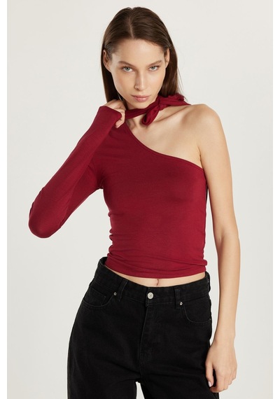 Tudors Kadın Standart Fit Fitilli Tek Kol Asimetrik Yaka Bordo Bluz-33994 Bordo