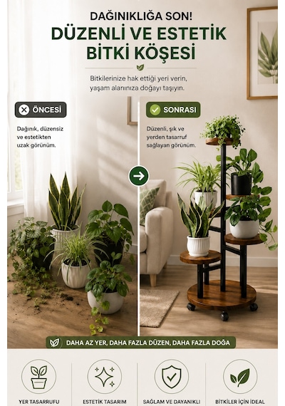 Metal 5 Katlı Tekerlekli Çiçeklik Saksılık Daire Model Dekoratif Bitki Rafı Ahşap