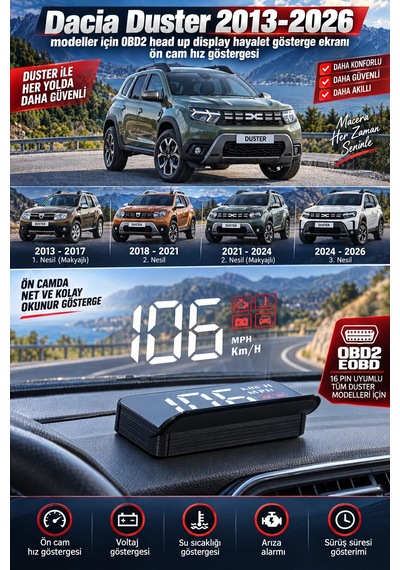 Dacia Duster 2013-2026 Modeller İçin Obd2 Head Up Display Hayalet Gösterge Ekranı Ön Cam Hız Göstergesi