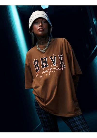 Flood Of Style Kadın Kahverengi Bhvr Baskılı Oversize Bisiklet Yaka Tişört