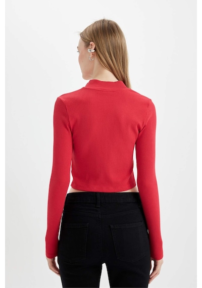 Defacto Fitted Dik Yaka Basic Düz Fermuarlı Fitilli Kaşkorse Crop Kırmızı Hırka D5124AX24AURD54 Kırmızı