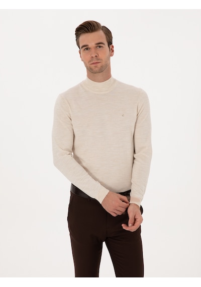 Cacharel Bej Slim Fit Yün Karışımlı Yarım Balıkçı Basic Triko Kazak
