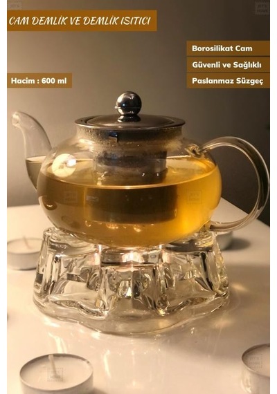 2 Li Set Cam Demlik Ve Cam Isıtıcı Süzgeçli Demlik 600 Ml Bitki Çayı Demliği Borasilikat Şeffaf