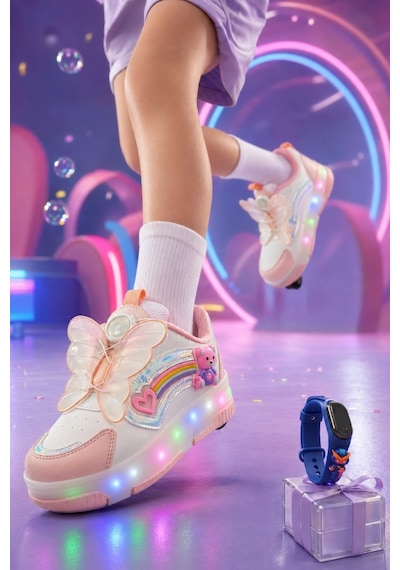 Muggo Colourful Çocuk Işıklı Patenli Tekerlekli Sneaker Spor Ayakkabı Pudra