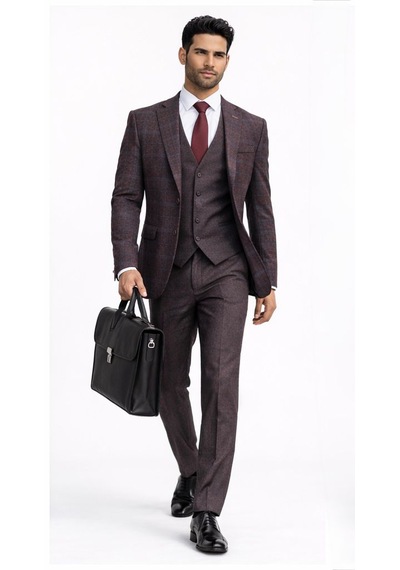 Fabio Cassel Slim Fit Mono Yaka Çift Yırtmaçlı Astarlı Takım Elbise Yelekli Bordo