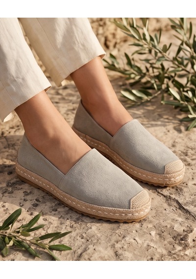 Futsishoes Lucıa Açık Gri Hakiki Süet Deri Dikiş Detaylı Kadın Espadril