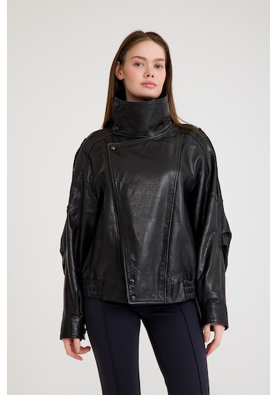 Oversize Bayan Deri Ceket Kısa Vb-22-bk-2847-24114 Siyah