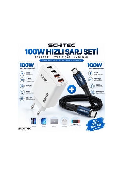 Schitec 100w 4 Çıkışlu Hızlı Şarj Başlığı Ve 100w Type-c To Type-c Süper Hızlı Şarj Kablosu 1.2