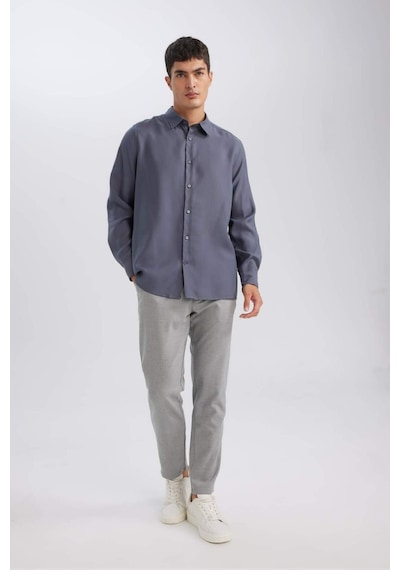 DeFacto Relax Fit Polo Yaka Twill Modal Karışımlı Basic Düz Uzun Kollu Gömlek D3376AX24AUAR174 Antrasit