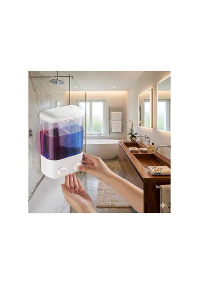 Yapışkanlı Duvar Sabunluk 1000 Ml 2 Bölmeli Banyo Mutfak Şampuan Dispenser V-2 Beyaz