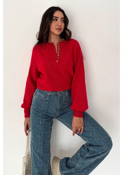 Noa & Noa Kadın Düğmeli Triko Kazak Red Stitch Kırmızı