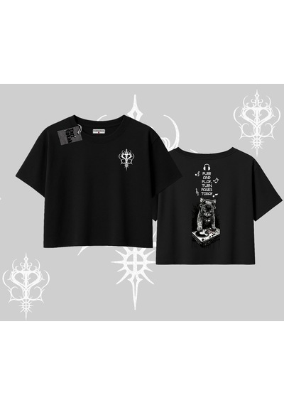 Tarzsokak Dj Kedi Baskılı Müzik Temalı Oversize Crop Tshirt Siyah