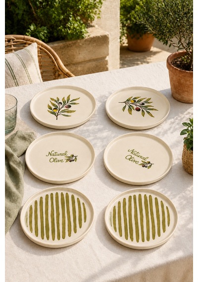 Oliva 6 Lı Stackable Seramik Pasta Tabağı Seti 20 Cm Zeytin Desenli Tatlı Ve Servis Tabağı Beyaz