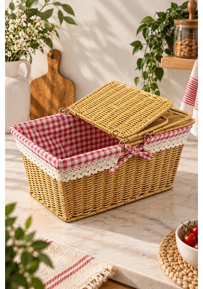 Hasır Rattan Dikdörtgen Piknik Sepeti Sepet Düzenleyici 18 38 25cm Sarı