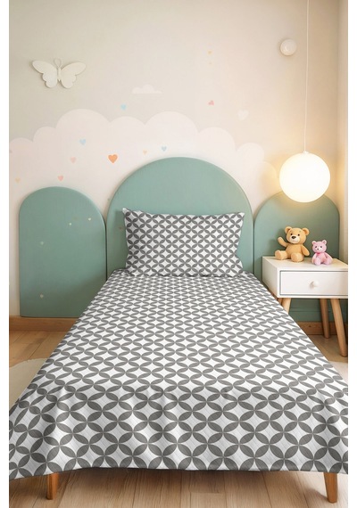 Gri Geometrik Modern Genç Odası Tek Kişilik Pike Takımı - Minimal 160x220 Cm Kapitone Yatak Örtüsü Şeffaf