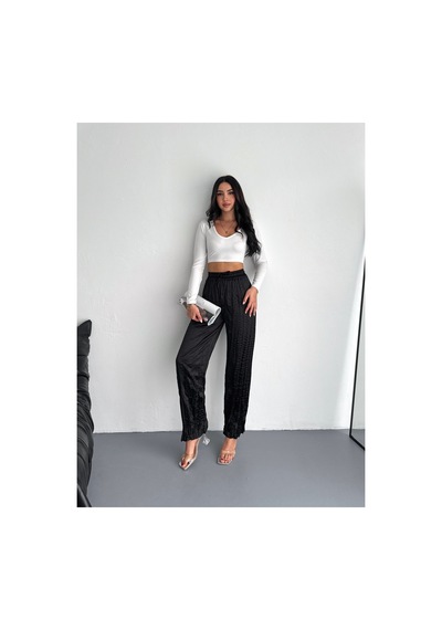 Gugus Kadın Saten Pantolon Trend Wide Leg Model Siyah