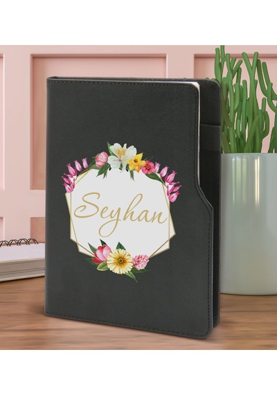 Bk Gift Kişiye Özel Çiçek Tasarımlı Siyah Termo Deri Not Defteri 15x21cm-9