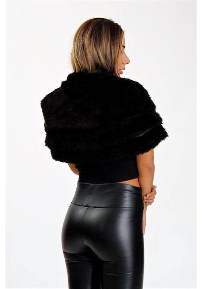 Veraura Lifestyle Siyah Kat Kat Broşlu Kürk Etol Bolero