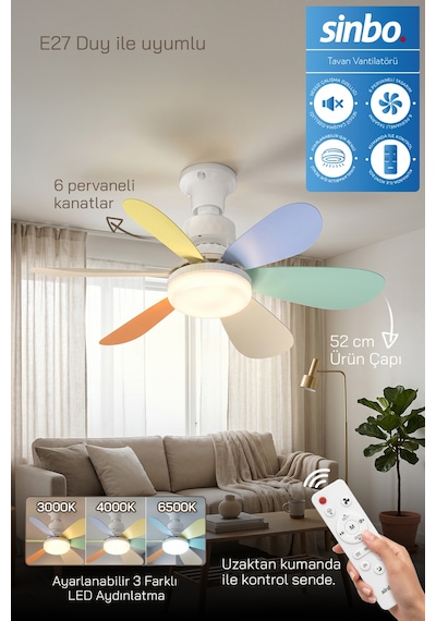 Sf-7708 3 Led Aydınlatmalı Sessiz Tavan Vantilatörü Kumandalı 6 Kanatlı