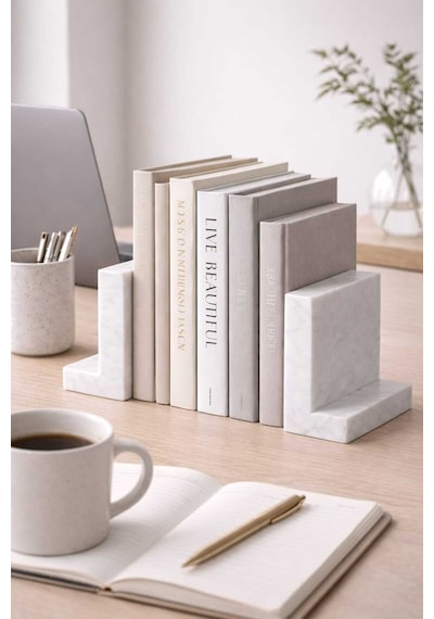 Masif Beyaz Mermer Kitap Tutucu 2 Li Set - Minimal L Tip Dekoratif Bookend Ofis & Salon Raf Aksesuaı