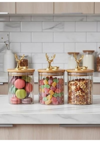 Qerhome 3'lü Borosilikat Cam Gold Geyik Figürlü Bambu Kapaklı Kavanoz 500 Ml Şeffaf