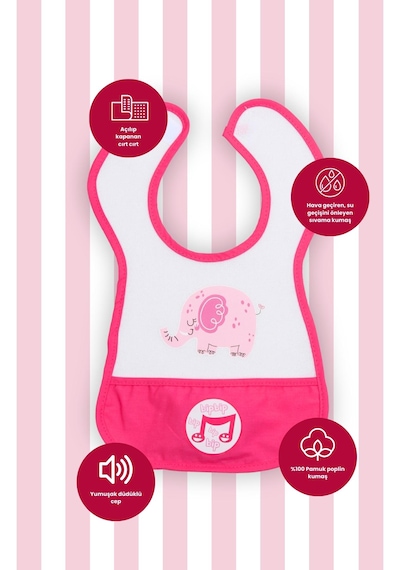 Düdüklü Cepli Sıvama Mama Önlüğü - Mutlu Fil Pembe Bebek Önlüğü Koyu Pembe