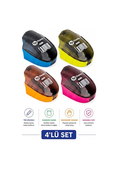 Kalemtraş 4 Adet Hazneli Tek Bıçaklı Fixpoint P-6041 Standart Kalem Açacağı Plastik Kalemtıraş Kalem Traş