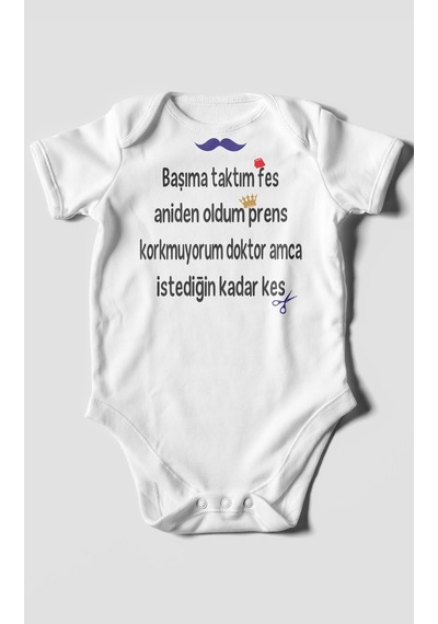 Korkmuyorum Doktor Amca İstediğin Kadar Kes Baskılı Bebek Zıbını %100 Pamuk Kısa Kol Beyaz