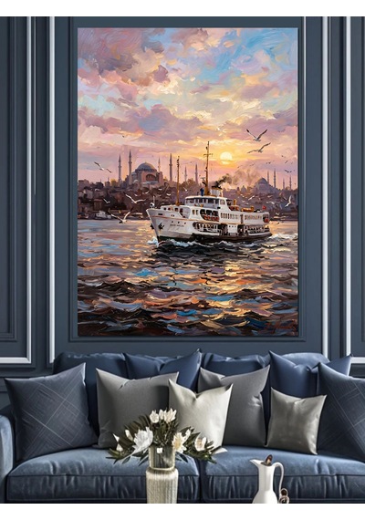 İstanbul Boğazında Vapur Gün Batımı Dekoratif Kanvas - Mdf Ahşap Tablo Çok Renkli