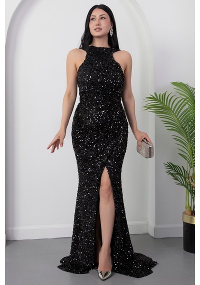 Kalopya Halter Yaka Yırtmaçlı Pulpayet Elbise Ecr5482 Siyah