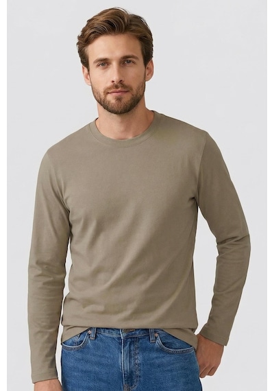 Tommy Life Koyu Bej Standart Fit Basic O Yaka Uzun Kollu İnce Erkek T-shirt - 87997 Koyu Bej