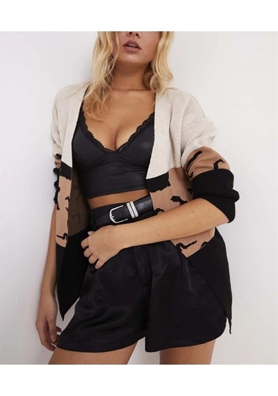 Aqe Fashion Kadın Bloklu Ortası Desenli Gri Hırka Gri