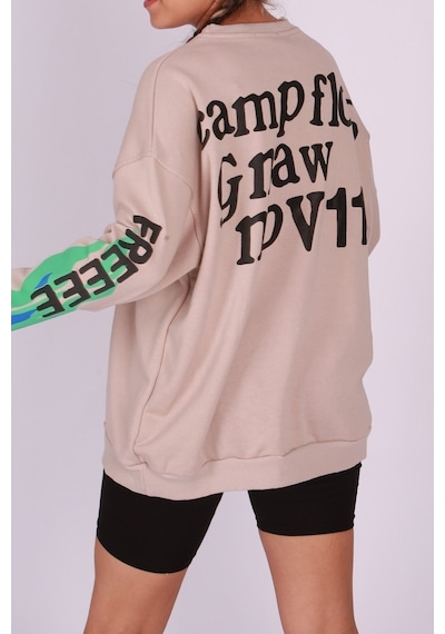 Madmext Mad Girls Bej Baskılı Oversize Sweatshirt Mg1206