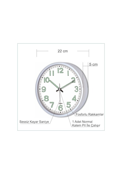 Beyaz Zemin Beyaz Kasa Fosforlu 22 Cm Sessiz Çalışan Duvar Saati Beyaz