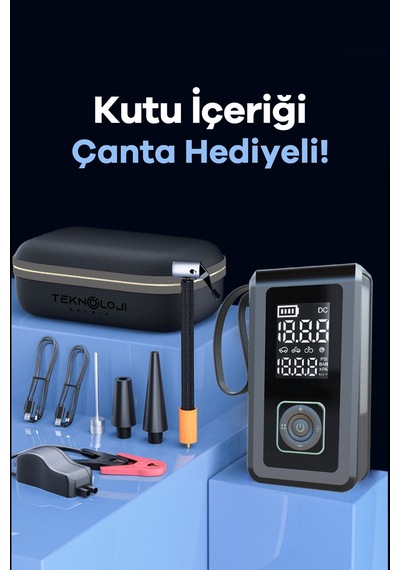 Taşınabilir Araç Pompası 10.000mah Akü Şarj Eden Otokompresör Elfeneri Powerbank Çanta  3in1