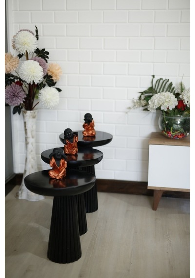 Wood Ahşap 3 Lü Set Siyah Renk Fitilli Mantar Yan Sehpa Modern Fiskos / Çiçeklik / Zigon Sehpa Siyah