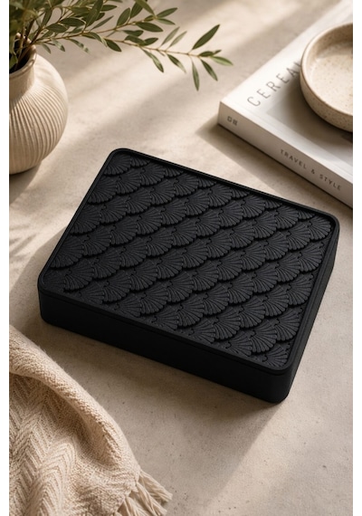 Desenli Kapaklı Dekoratif Kutu Masa Üstü Organizer Takı Aksesuar Saklama Kutusu Pla 20x12.5 Cm Siyah