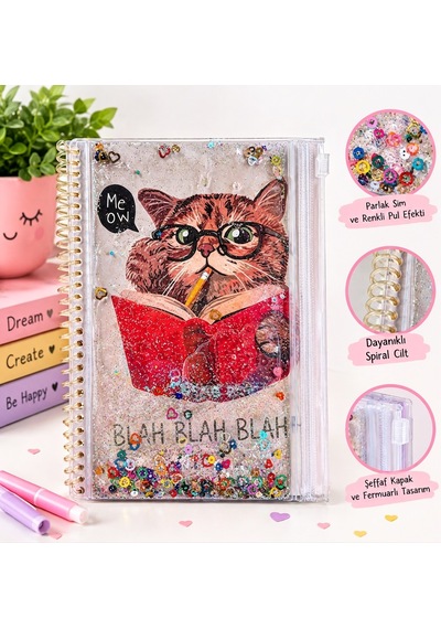 A5 Spiralli Defter 48 Yaprak Çizgili Simli Şeffaf Kapaklı Kedi Desenli Not Defteri Karışık/çok Renkli