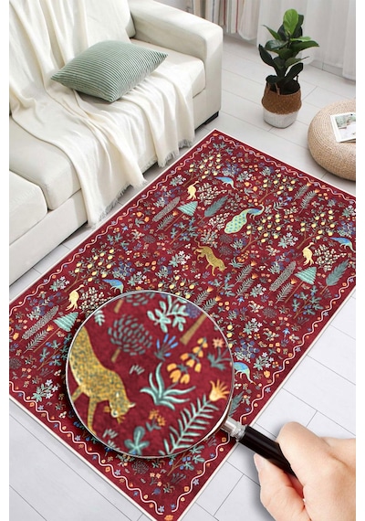 Dijital Baskılı Modern Desenli Renkli Kaymaz Taban Yıkanabilir Halı Bordo