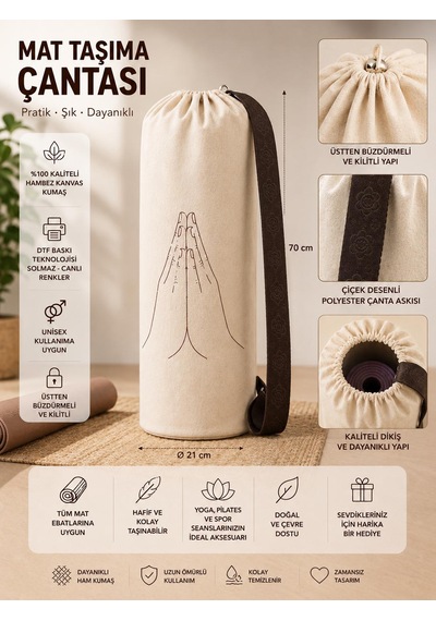 Yoga Mat Taşıma Çantası Hayat Ağacı Lotus Namaste Desenli Hambez Kanvas 70x21 Cm Koyu Kahverengi