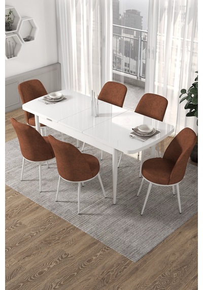 Canisa Concept Kor Serisi 70x114 Açılabilir Beyaz Mutfak Masası Takımı-6 Adet Kiremit Sandalye Masalar Beyaz Sandalyeler Kiremit