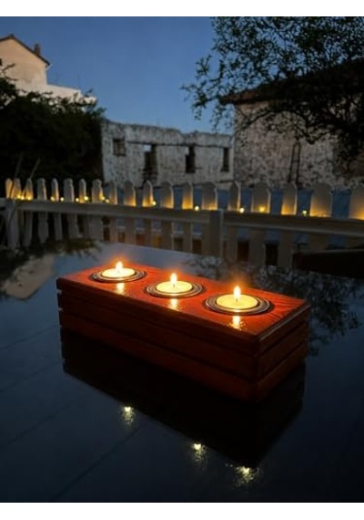 Bfa Store El Yapımı Ahşap Tealight Mumluk, Ceviz Rengi, 3 Mum Kapasiteli, 27x11x6 Cm, Dekoratif Hediyelik Diğer