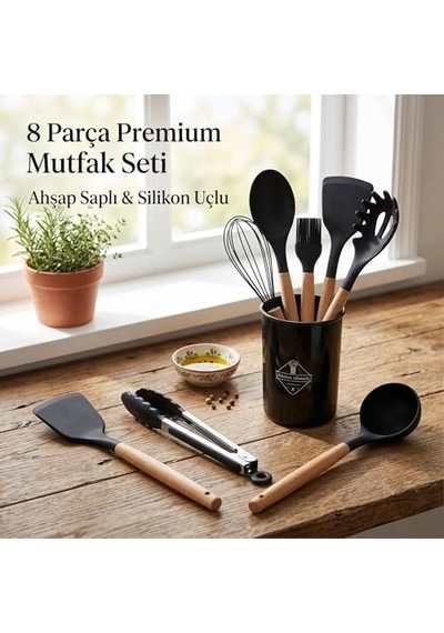 8 Parça Premium Mutfak Seti, Ahşap Saplı Ve Silikon Uçlu, Siyah, Kepçe, Spatula, Çırpıcı, Fırça, Maşa Dahil