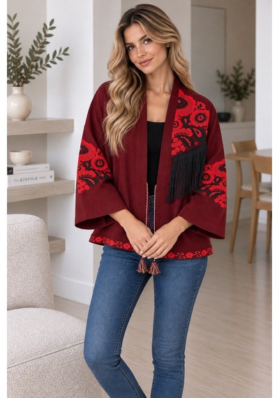 Lima Bordo Kadın Nakışlı Ceket Etnik Desenli Püskül Detaylı Kimono Ceket