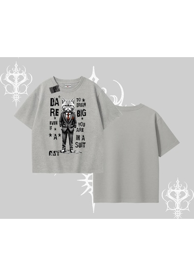 Tarzsokak Dream Big Yazılı Takım Elbiseli Kedi Baskılı Oversize Tshirt Gri Tarzsokak Dream Big Yazılı Takım Elbiseli Kedi Baskılı Oversize Tshirt Gri