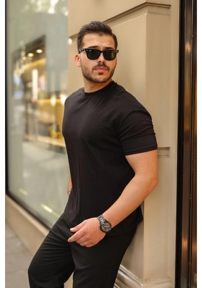 Valensdesign Erkek Kolları Dar Kesim Rahat Kalıp Basic Tişört Siyah