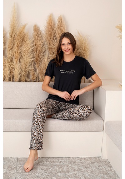 Nisanca Slim Fit Desenli Kısa Kol Mevsimlik Kadın Pijama Takımı Leopar