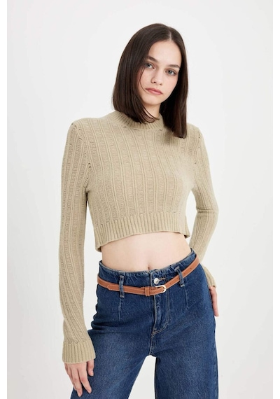 DeFacto Regular Fit Crop Bisiklet Yaka Örgü Delikli Triko Kazak C6321AX24WNGN270 Yeşil