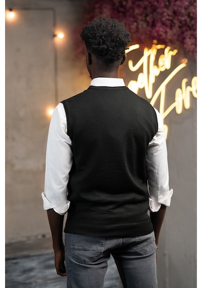 Woolen World V Yaka Regular Fit Yünlü Kolsuz Triko Süveter Siyah